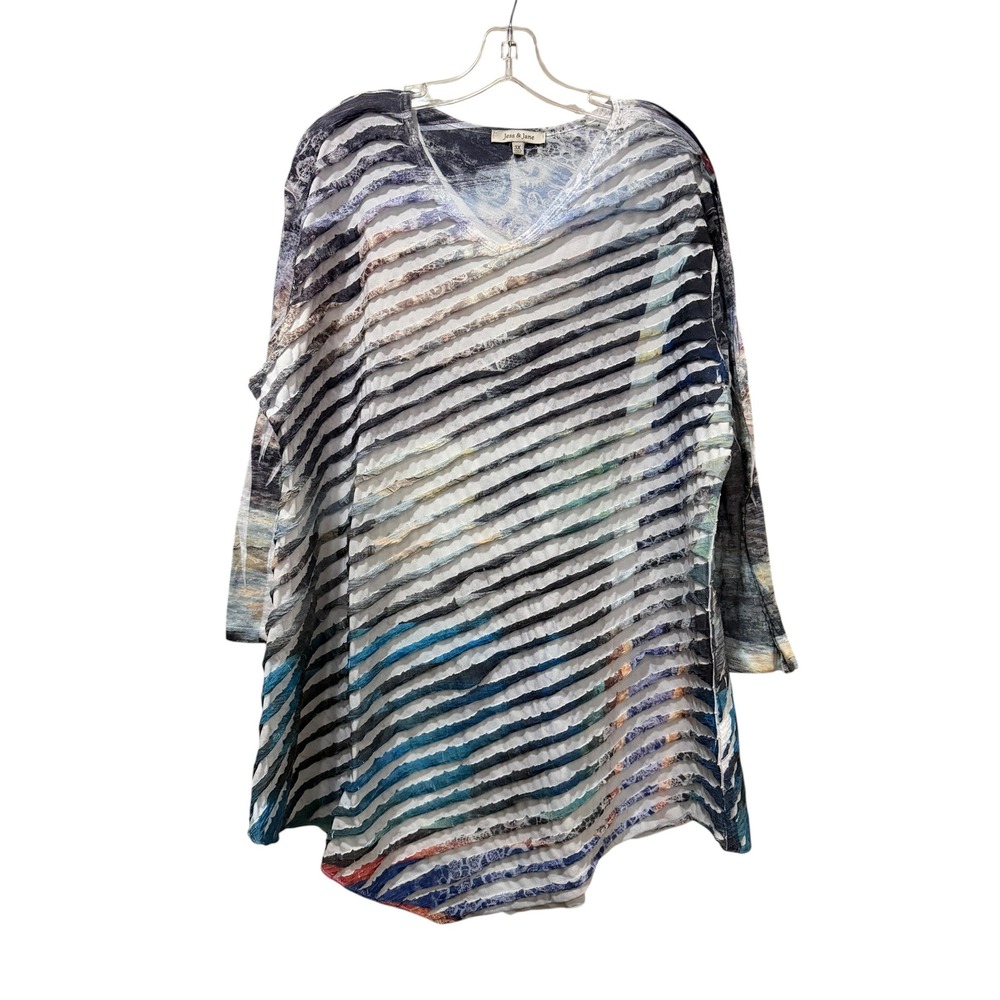 Jess & Jane Women 3X Tunic Top Multi Color Abstract Burnout Stripe V-Neck USA